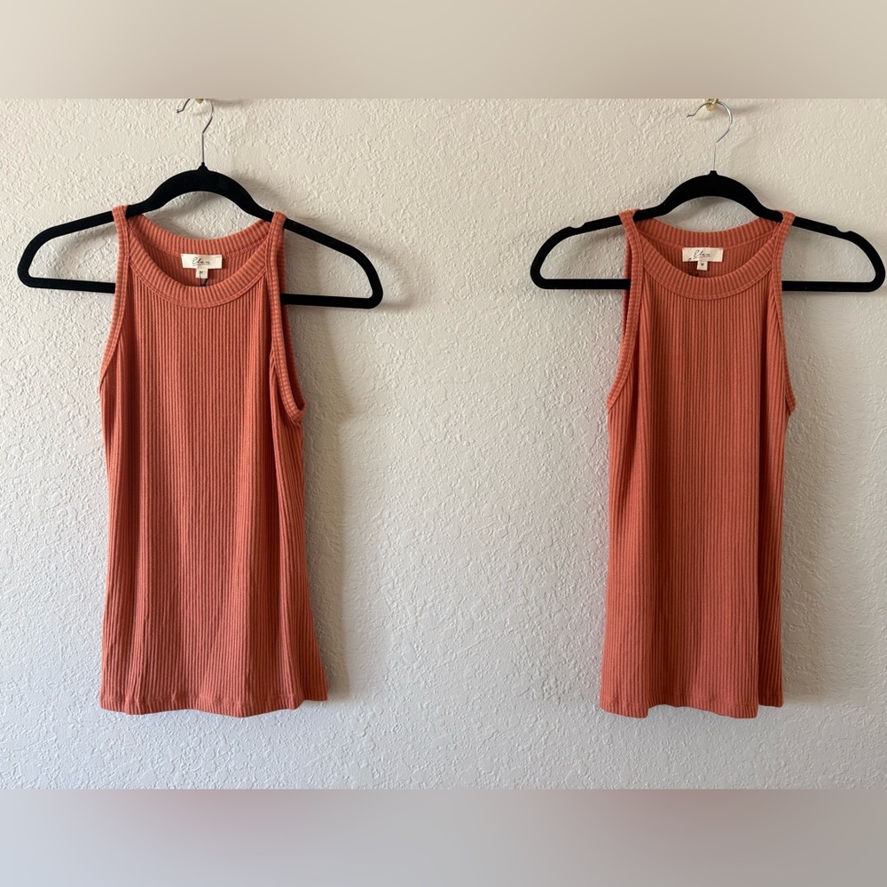 NWT 2 pc Elan Ribbed High Neck Racerback Tank Tops M Terra-Cotta Soft Brushed